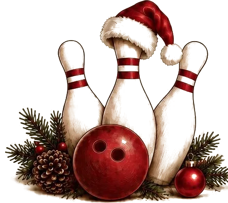 Drei Kegel mit Weihnachtsmütze und rote Kegelkugel